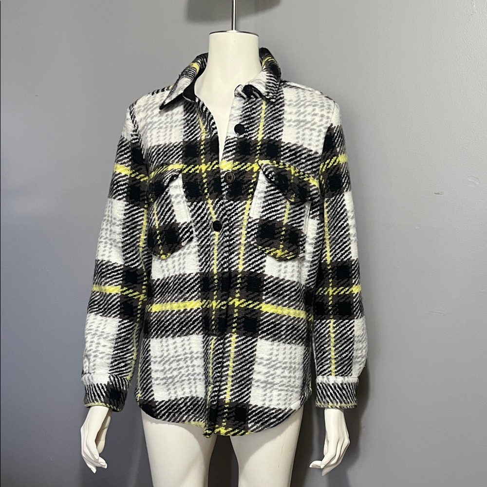 Calvin Klein Black, White & Yellow Plaid Utility Shacket